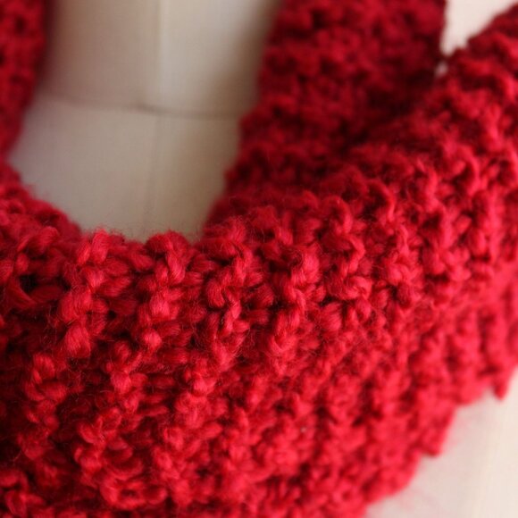 Knit Scarf, Chunky Red Boucle Yarn, "Crimson" OOAK One Of A Kind Cozy Goth Style - Picture 3 of 10